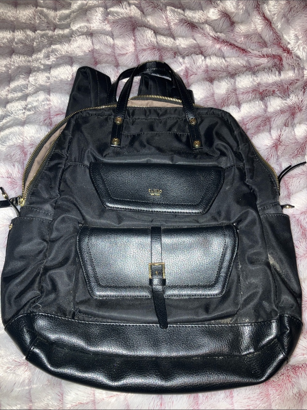 Black Men's Backpack with Front Leather Pockets